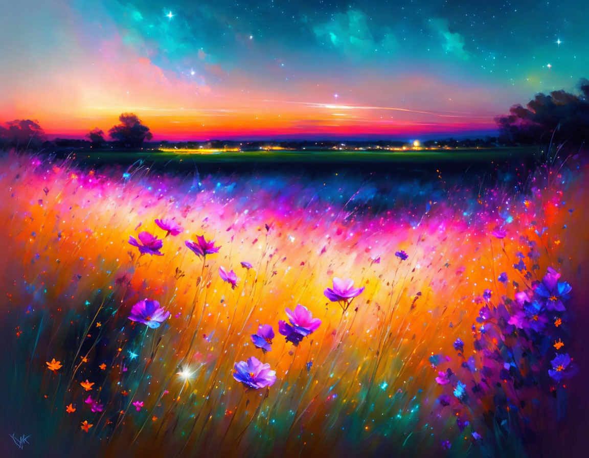 Colorful Flower Field Painting Under Sunset Sky with Stars