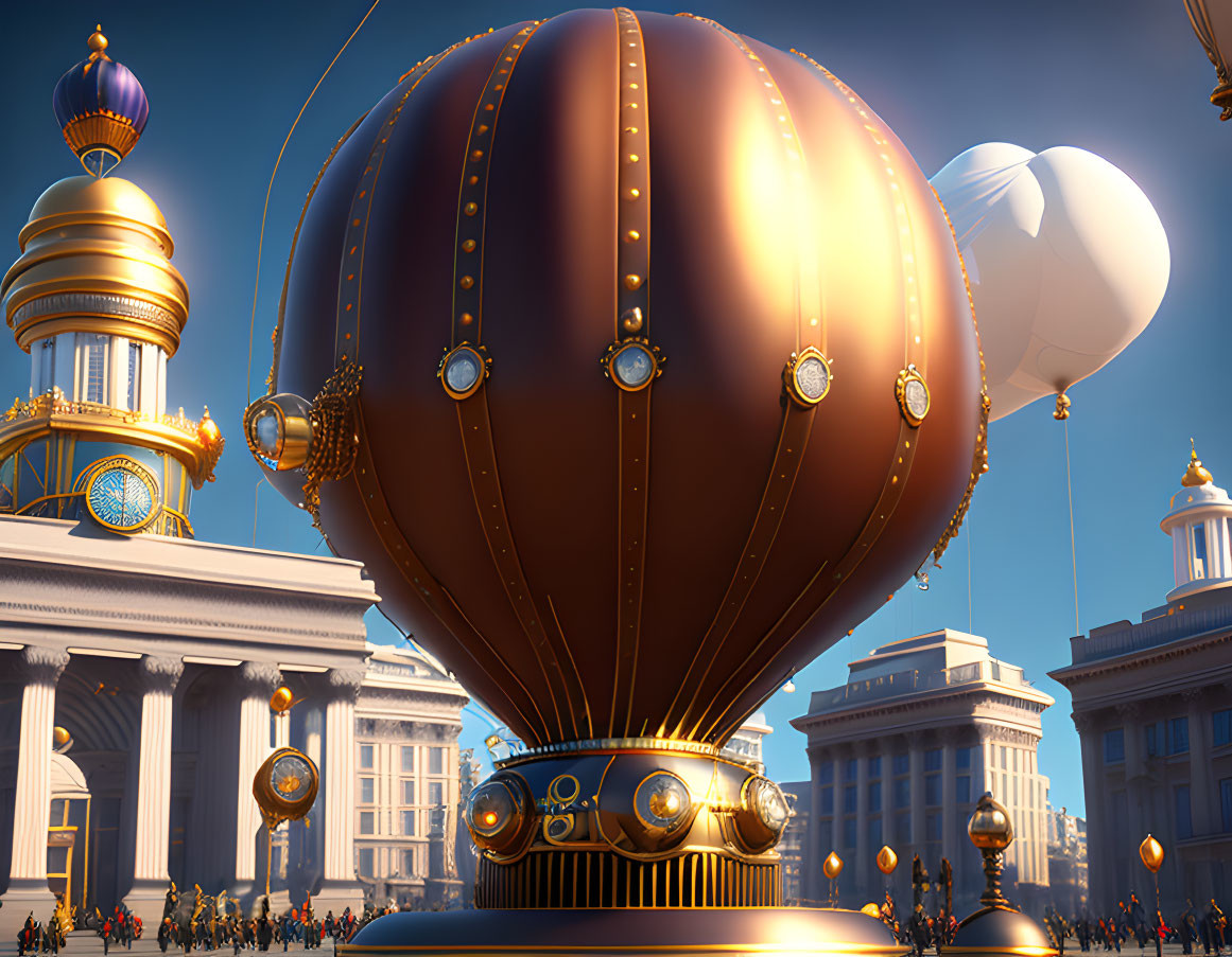 Bronze hot air balloon over neoclassical building in clear sky