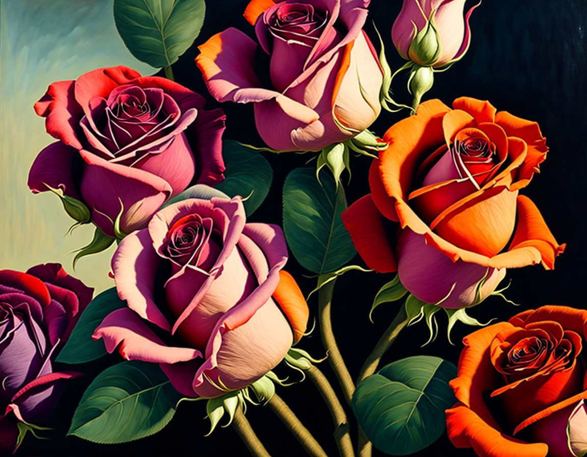 Colorful Rose Collection: Purple and Orange Blooms on Dark Background