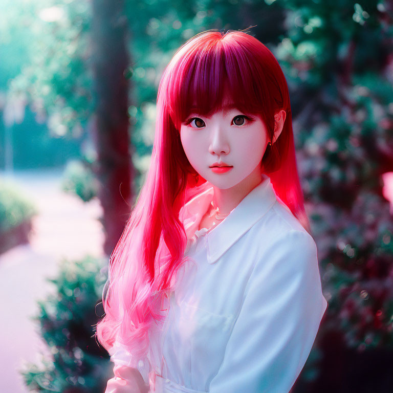 Young woman with pink hair and white blouse under pinkish light filter, surrounded by green foliage