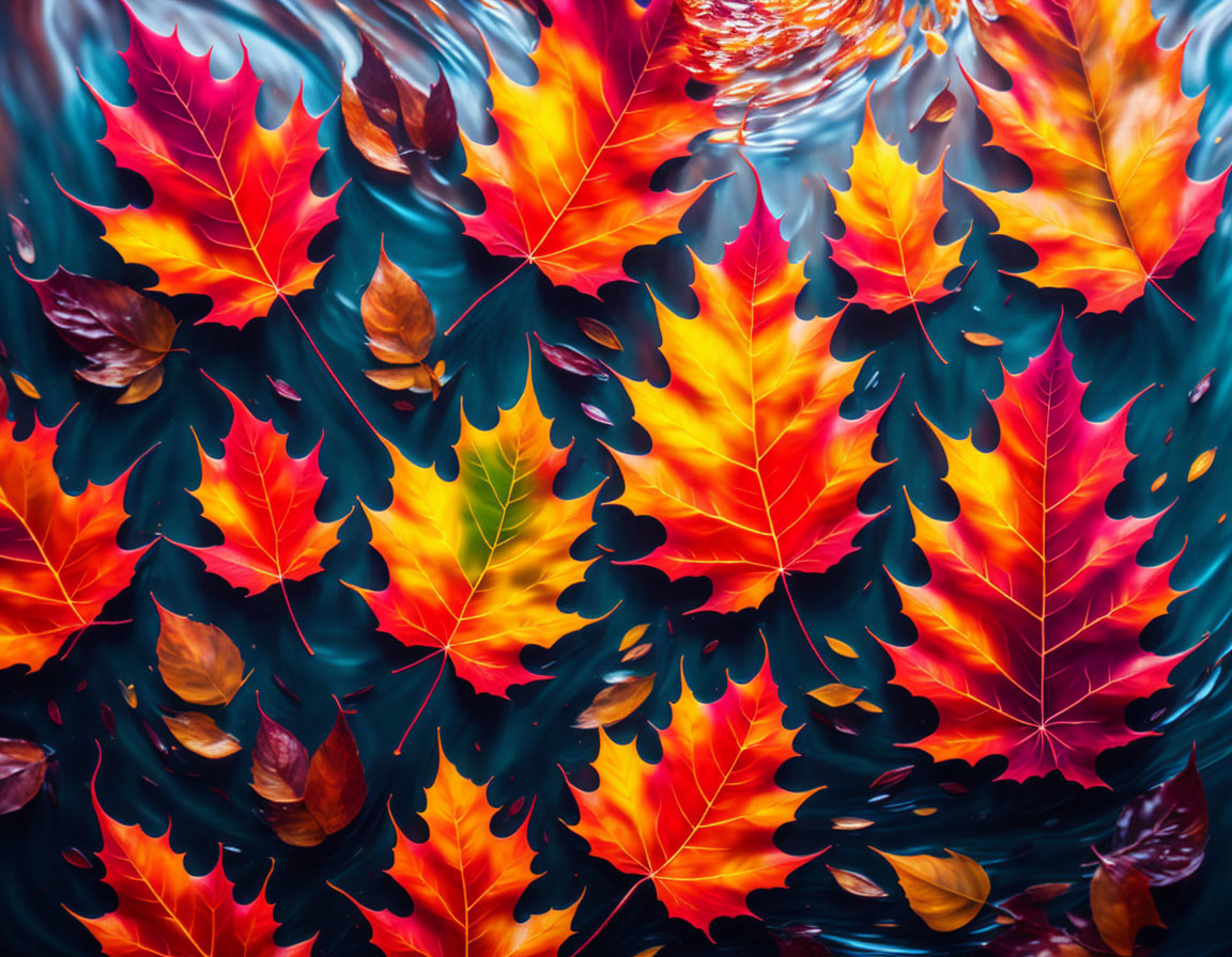 Colorful Autumn Leaves Floating on Rippling Water Surface