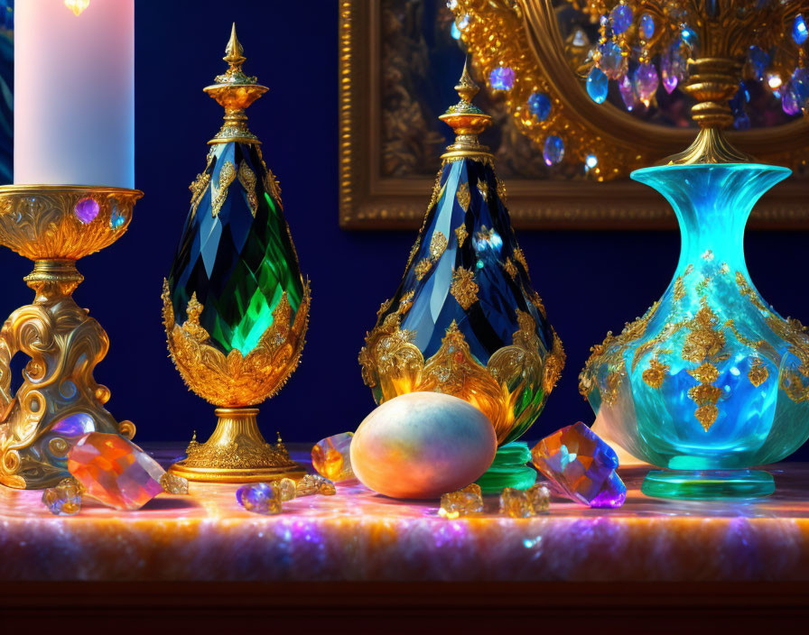 Luxurious Still Life Featuring Candle, Bejeweled Bottles, Decorative Egg, Gems,