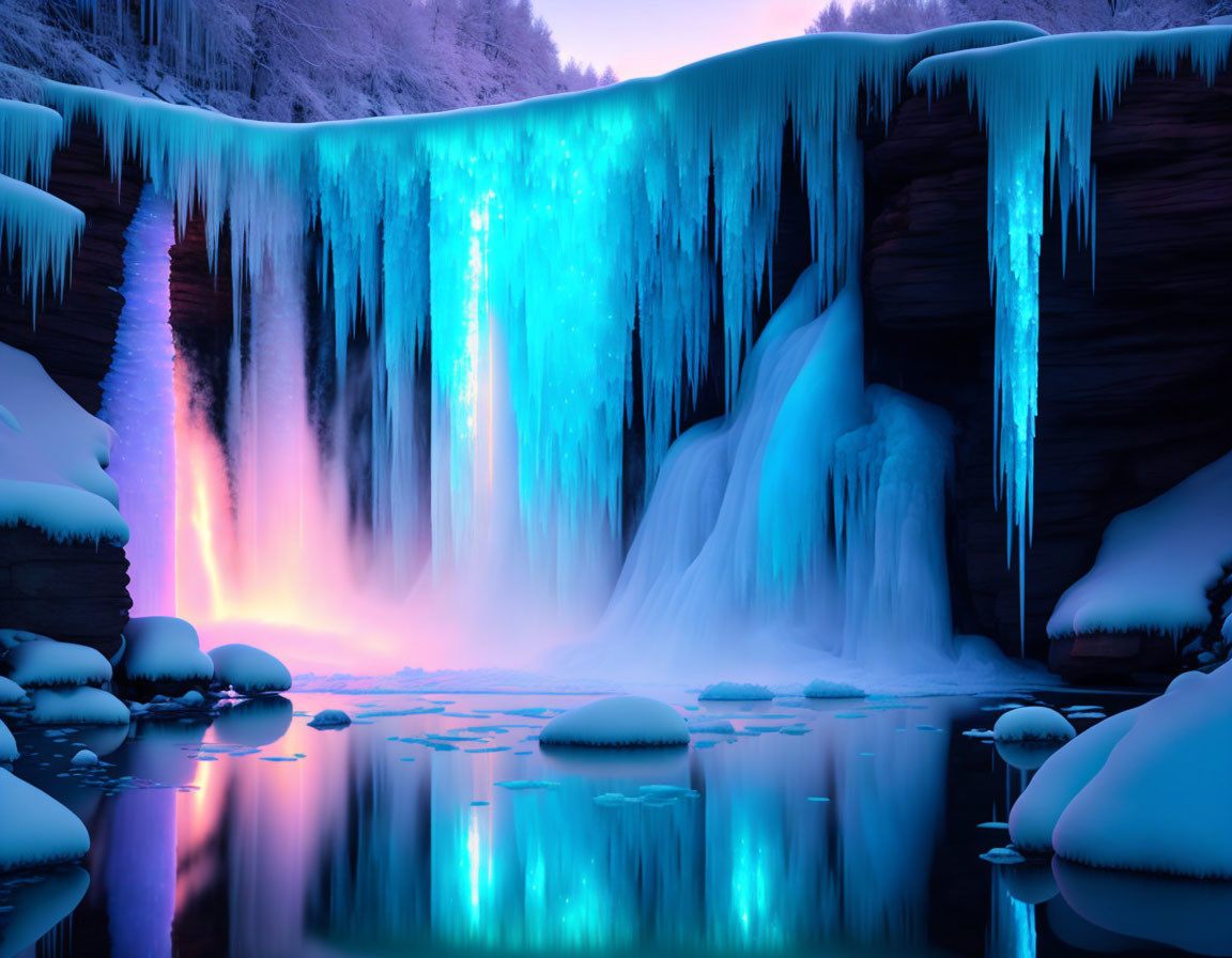 Frozen waterfall illuminated by blue light at twilight surrounded by icy stalactites and snow-covered rocks.