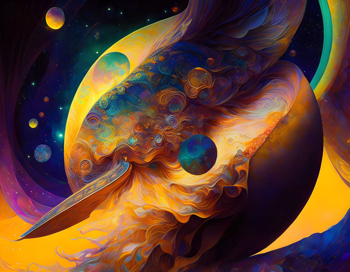 Abstract cosmic entity with swirling patterns and planets in orange, blue, and purple