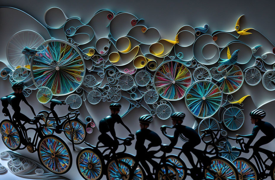 Colorful Swirling Patterns with Silhouetted Cyclists in Soft Glow