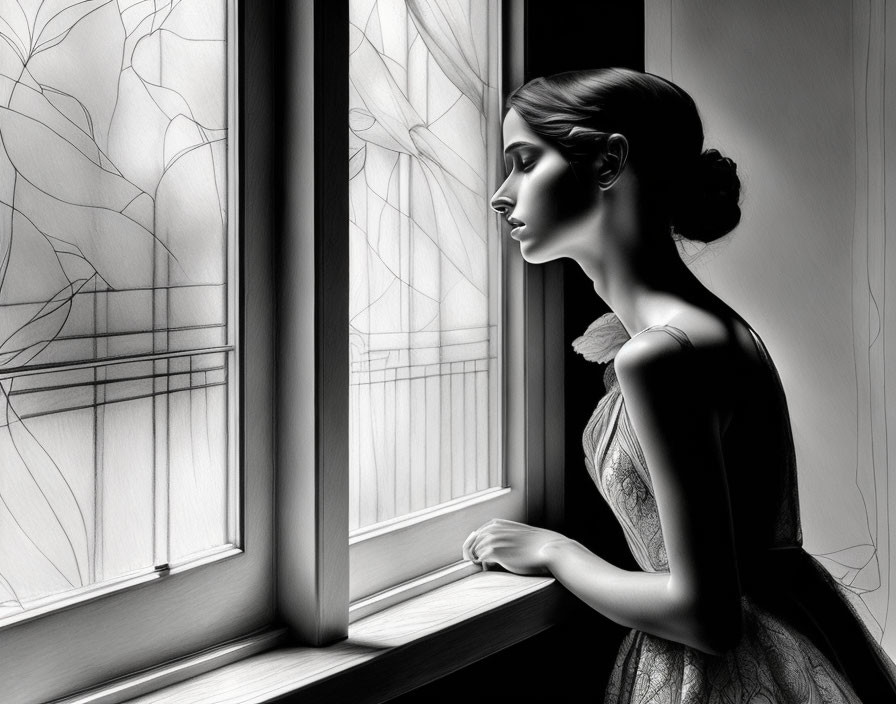 Monochrome illustration: Woman looking out window at bare tree branches