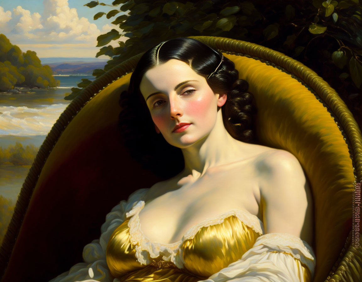 Portrait of woman with fair skin and dark hair in yellow dress against serene landscape