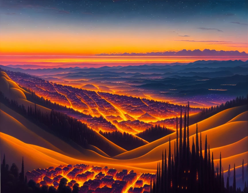 Digital Art: Rolling Hills with Glowing Lights under Twilight Sky