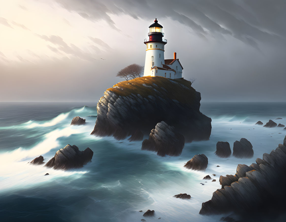 Serene lighthouse on craggy cliff amid turbulent sea waves