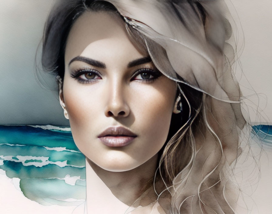 Detailed Portrait of Woman Blending into Watercolor Landscape