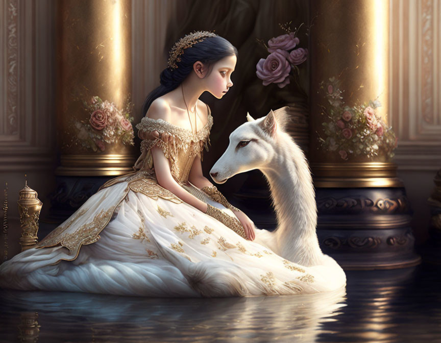 Woman in ornate dress with white wolf in luxurious room.