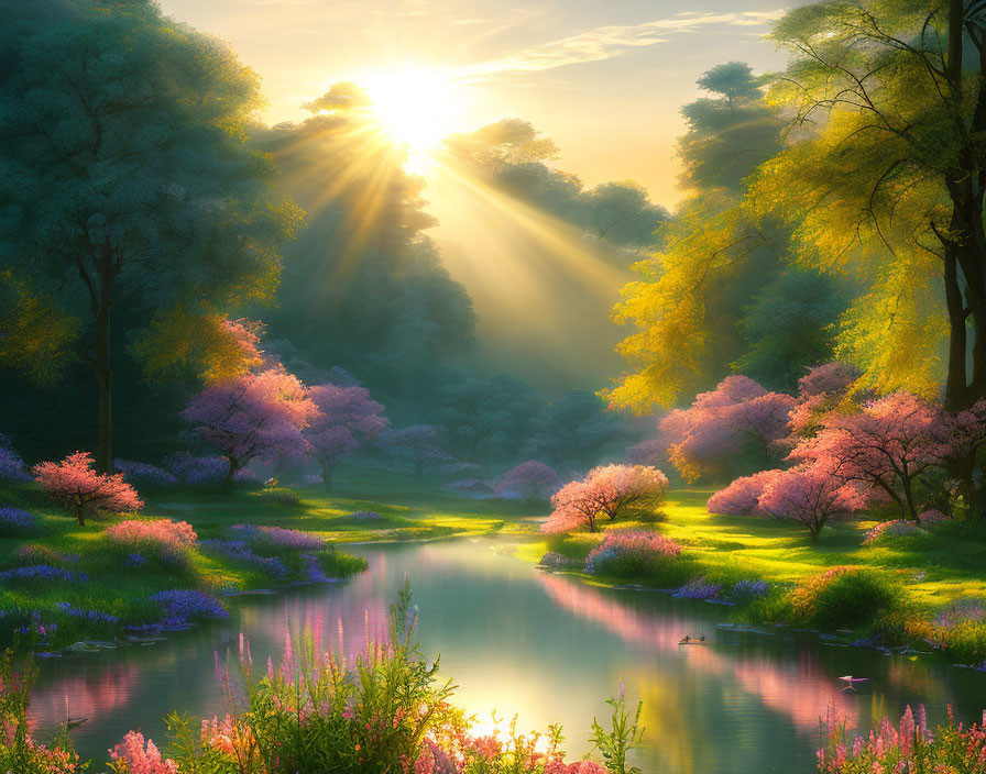 Sun rays illuminate serene river with pink blossoms and greenery