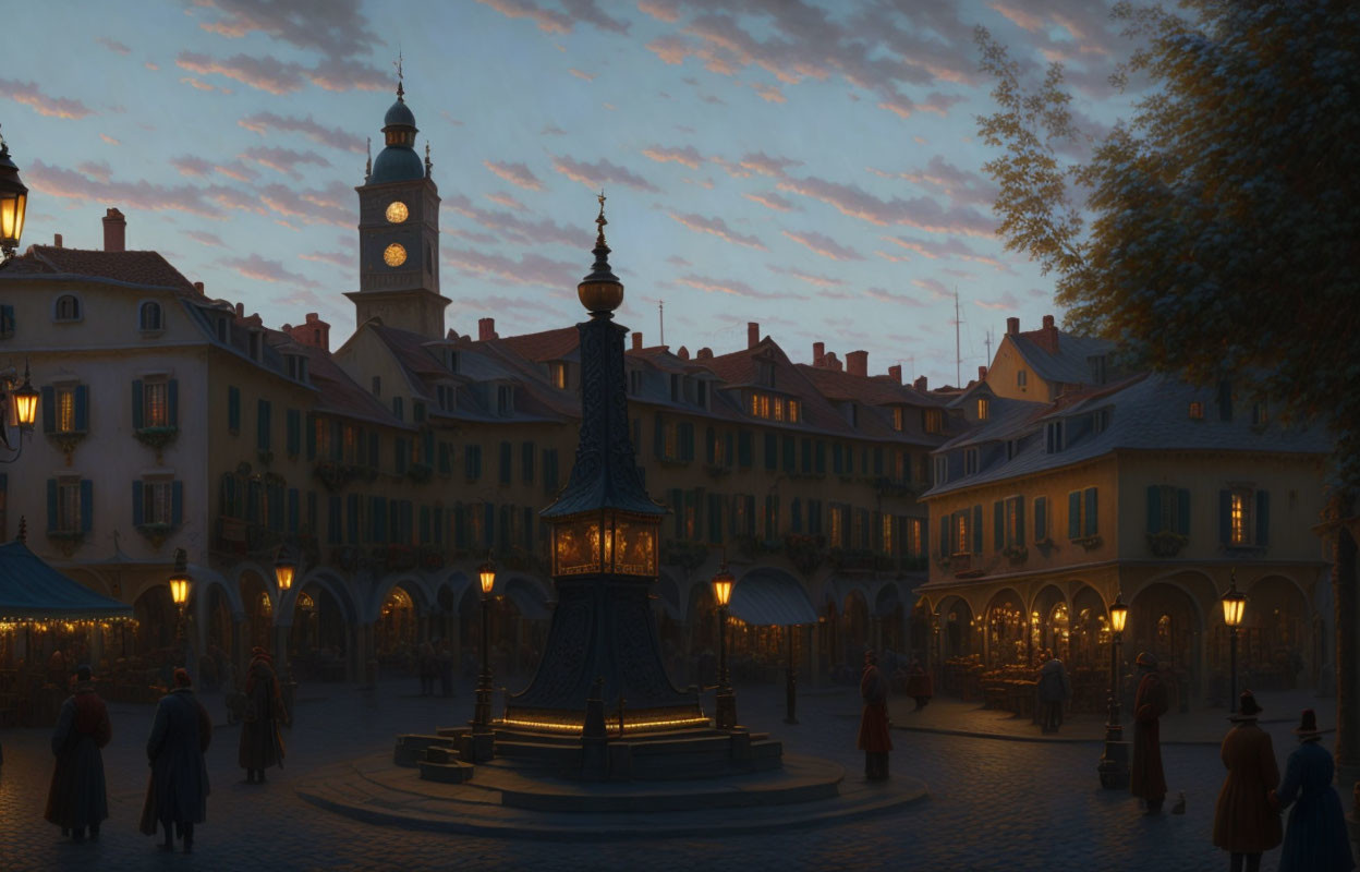 European-style town square at twilight with fountain, buildings, and clock tower.