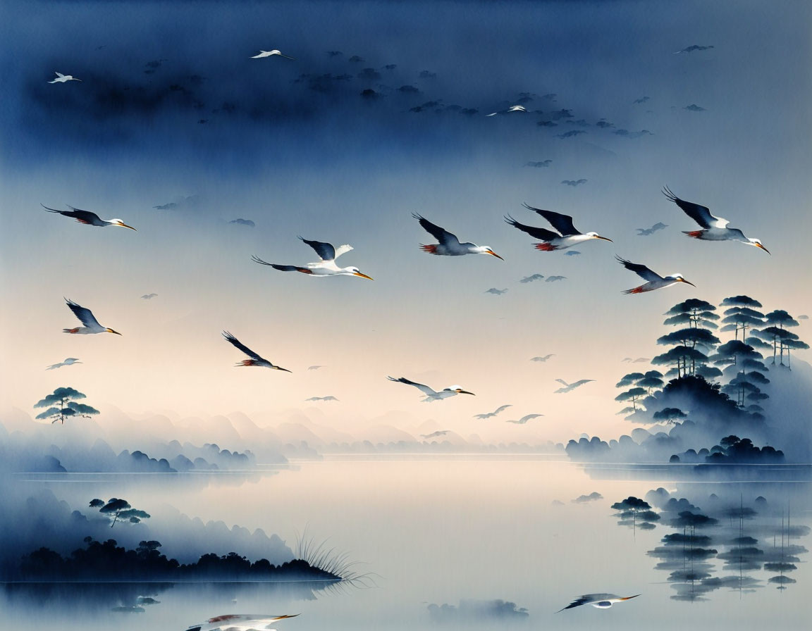 Tranquil landscape with birds over misty lake & silhouetted trees