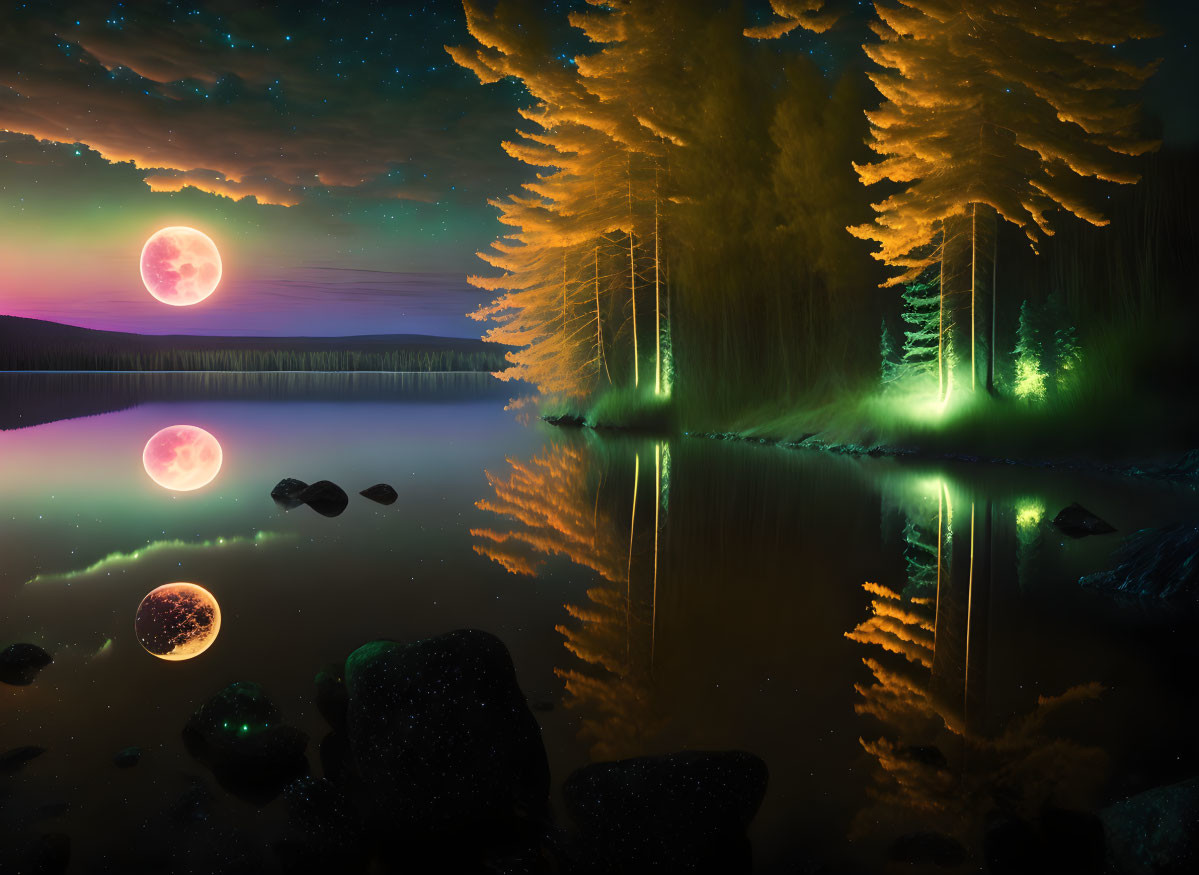 Tranquil night scene: reflective lake, glowing green lights, three pink moons, stars in golden