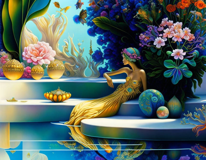 Colorful fantasy artwork: Woman in golden gown by water with butterflies & whimsical elements