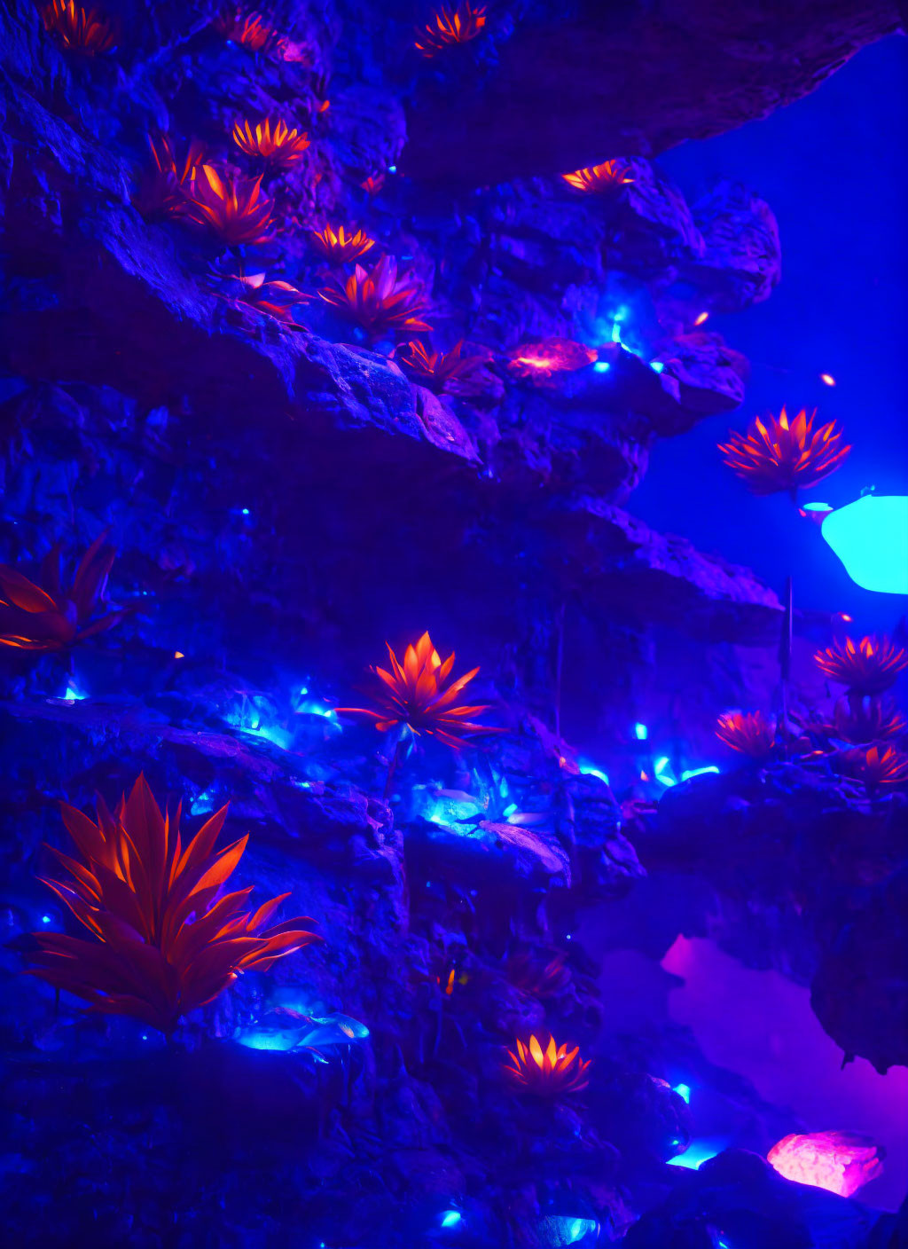 Mystical cave with blue and orange lights and glowing lotus flowers