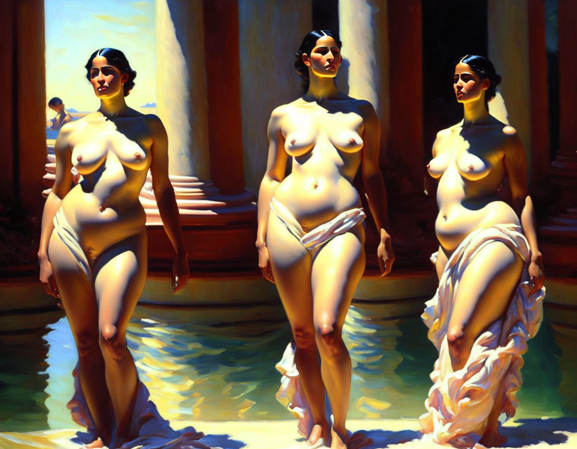 Stylized women by water with classical architecture and warm light