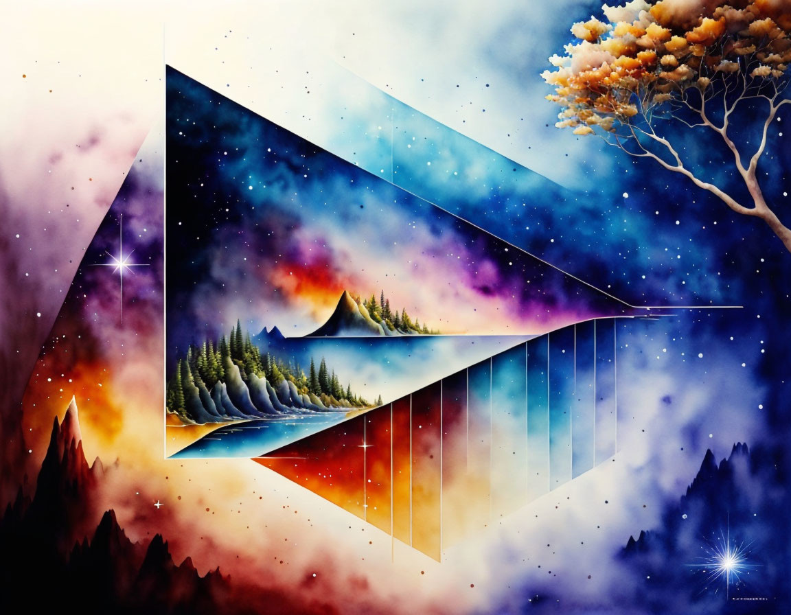 Colorful geometric shapes on cosmic background with stars, nebula clouds, tree, mountains