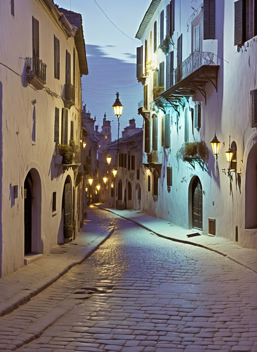 Historic cobblestone street at dusk with lit street lamps