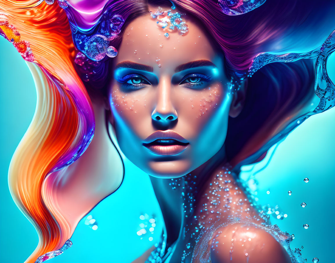 Colorful Abstract Portrait: Woman with Multicolor Hair and Sparkling Adornments on Blue Gradient