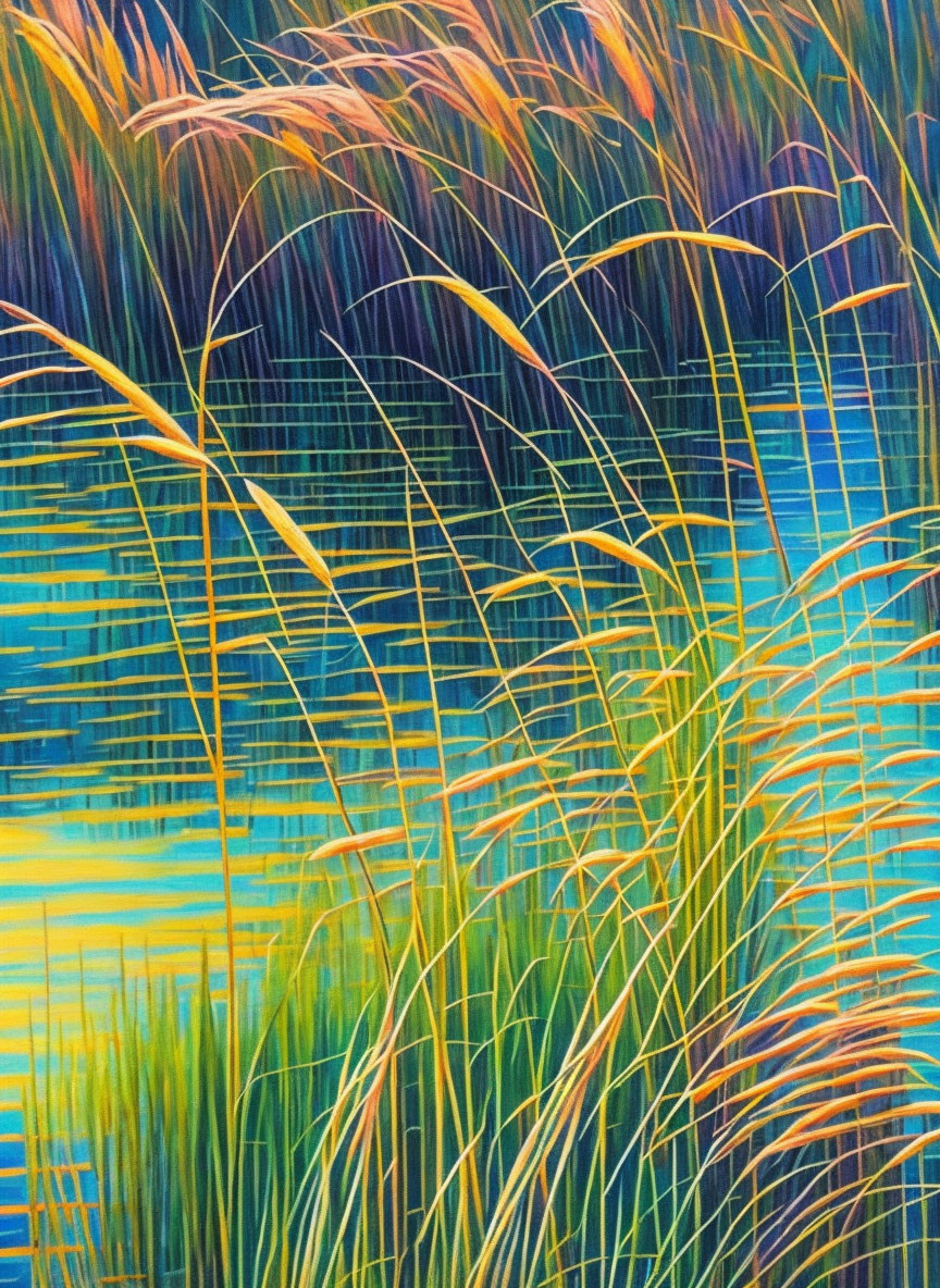 Colorful painting of tall grasses on vibrant striped background