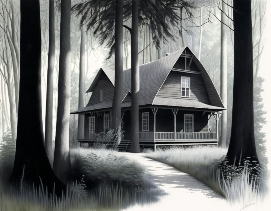 Grayscale illustration of cabin in forest with pathway