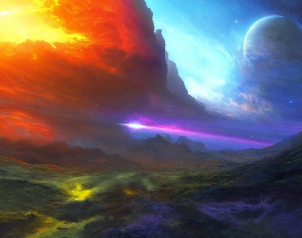 Colorful alien landscape with large moon and vivid horizon beneath towering cliffs