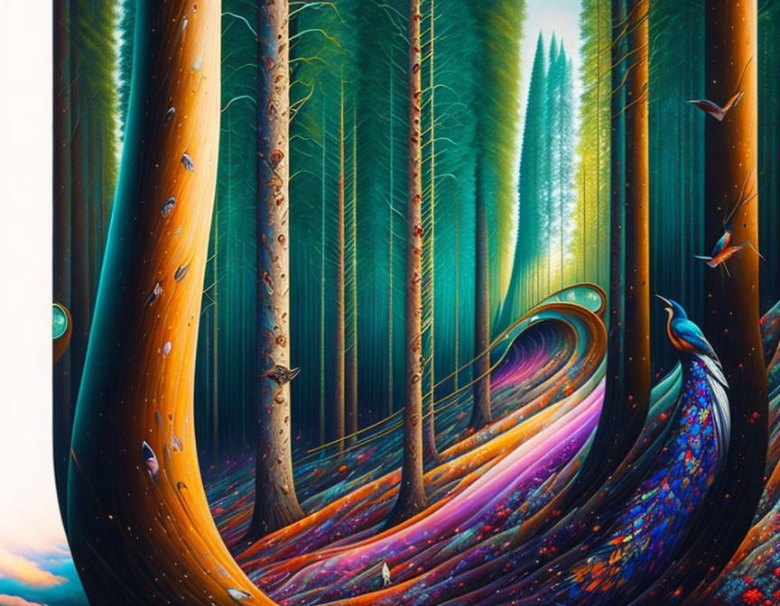 Vibrant surreal forest scene with wavy tree trunks and peacock in colorful setting