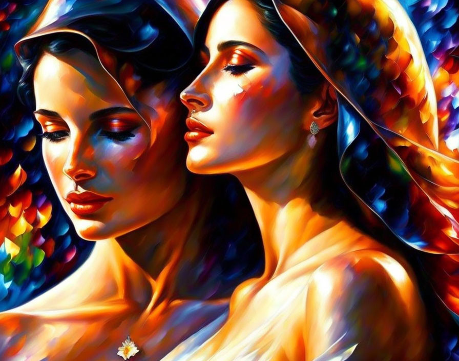 Colorful painting featuring two women with stylized features and contrasting shadows