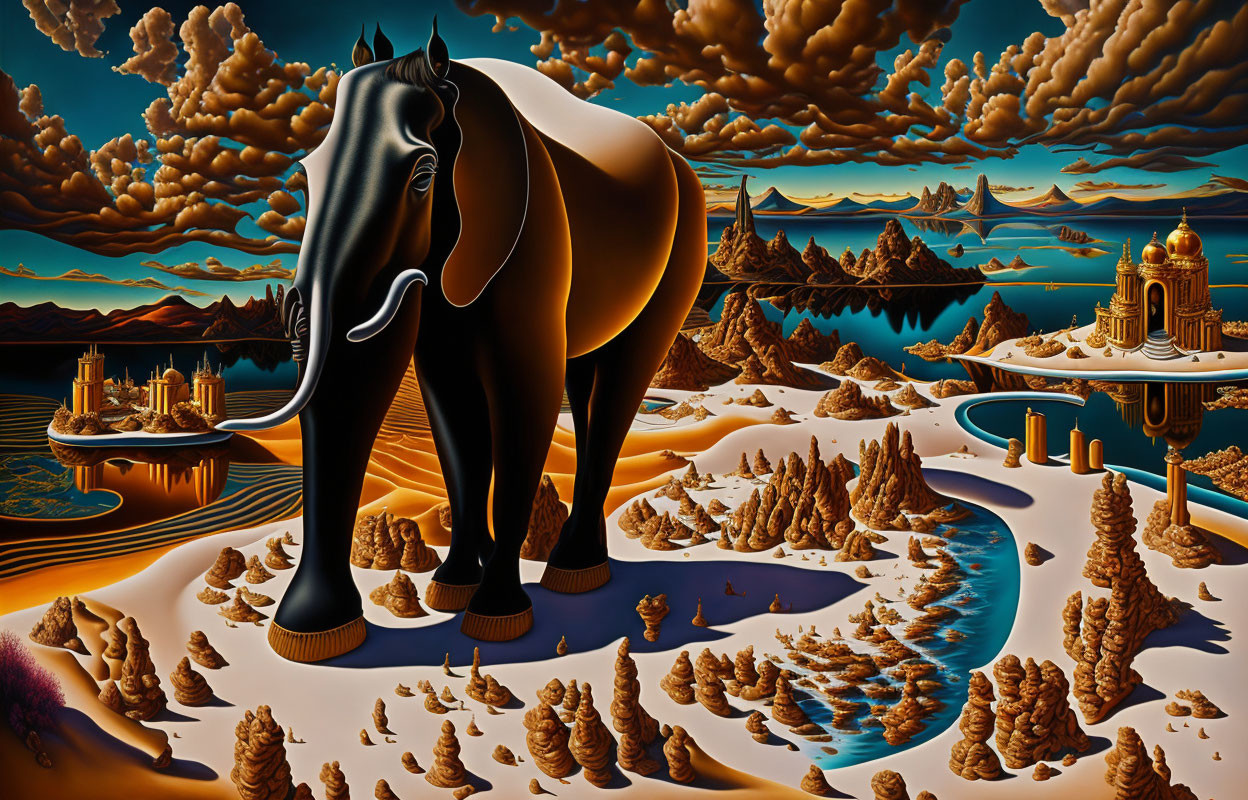 Surreal landscape featuring elephant, water bodies, castles, mountains, and clouds