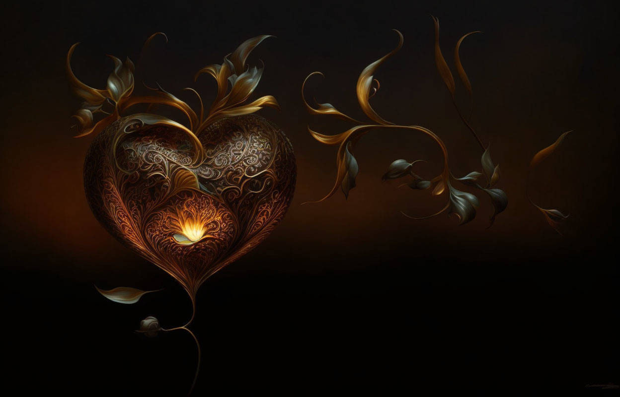 Intricate glowing heart with elegant swirling tendrils on dark background