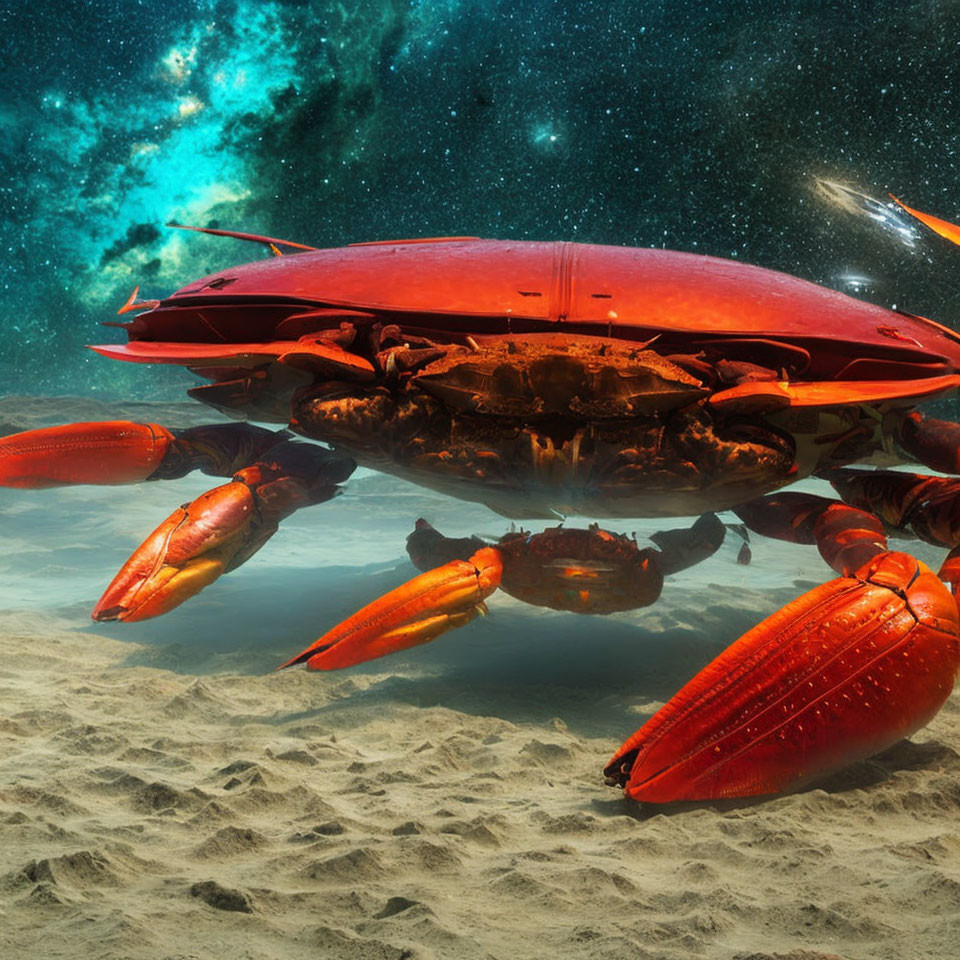 Red Crab on Sandy Seabed Under Starry Sky