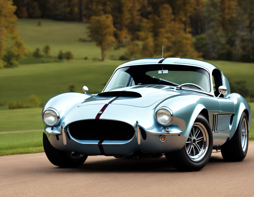 Blue Sports Car with White Stripes and Chrome Details Parked on Road