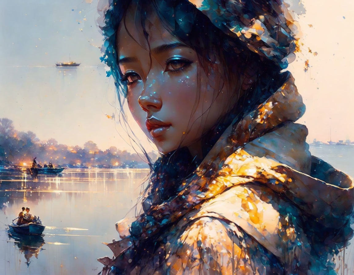 Pensive woman with star-like speckles in scarf by serene water landscape