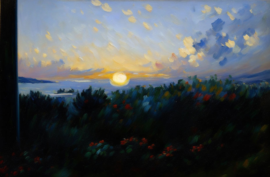 Serene sunset painting with yellow and blue clouds