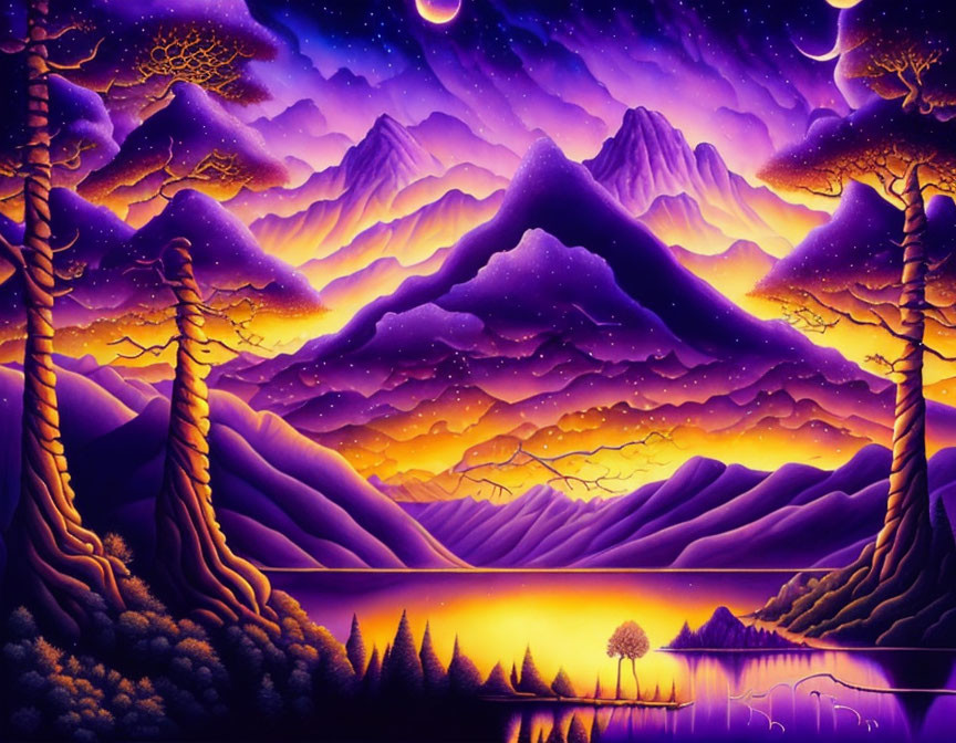 Scenic purple and yellow landscape with mountains, lake, trees, and starry sky