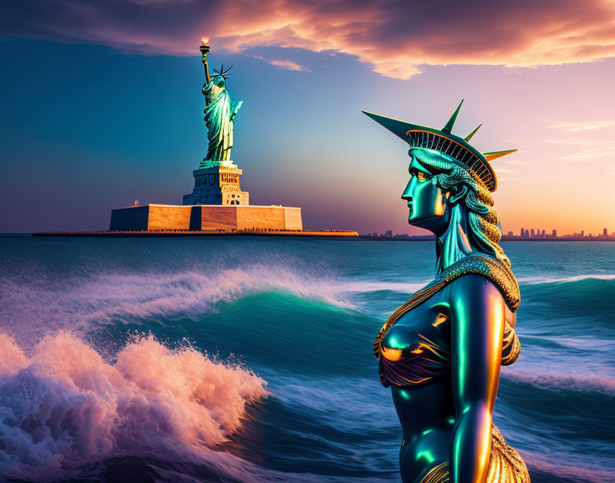 Surreal scene: Two Statues of Liberty under vibrant sky