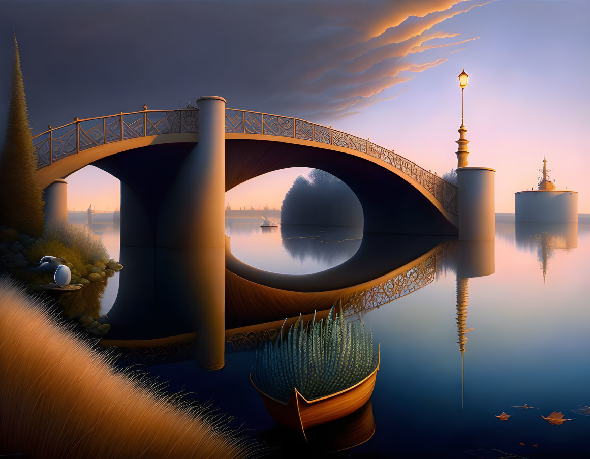 Surreal painting of bridge over calm water at twilight with lamppost, boat, and styl