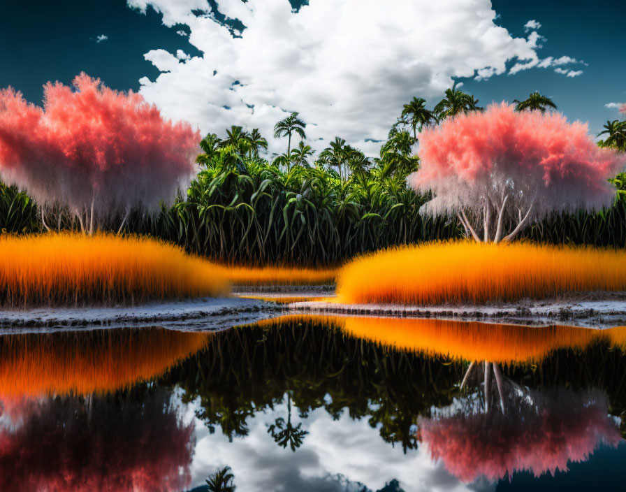 Surreal landscape with pink-tipped trees and mirrored reflection