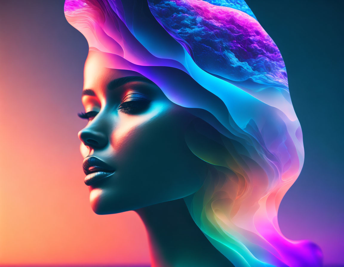 Colorful flowing hair effect on woman profile with blue to pink transition, neon light on gradient background.