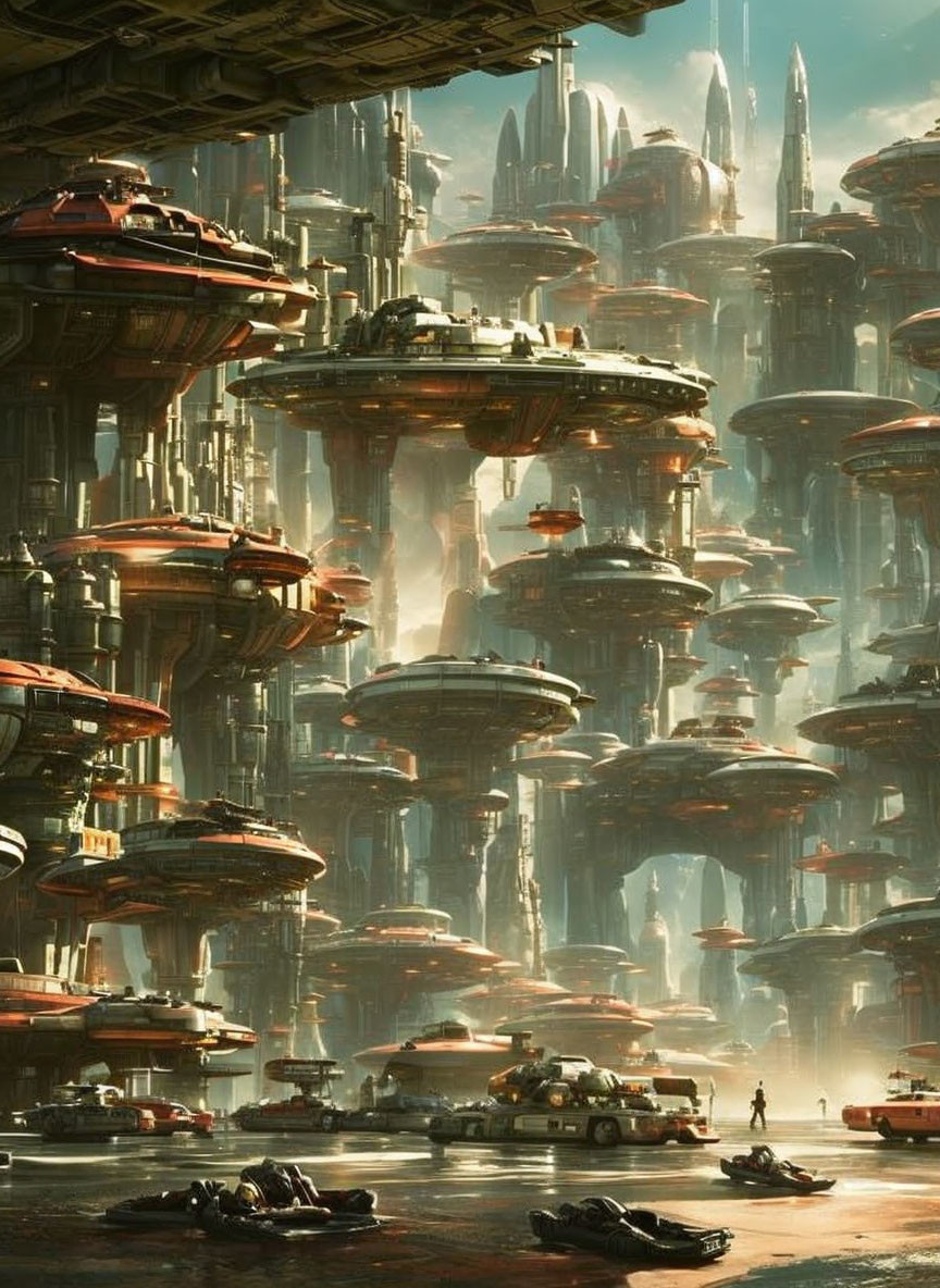 Futuristic cityscape with skyscrapers and flying vehicles