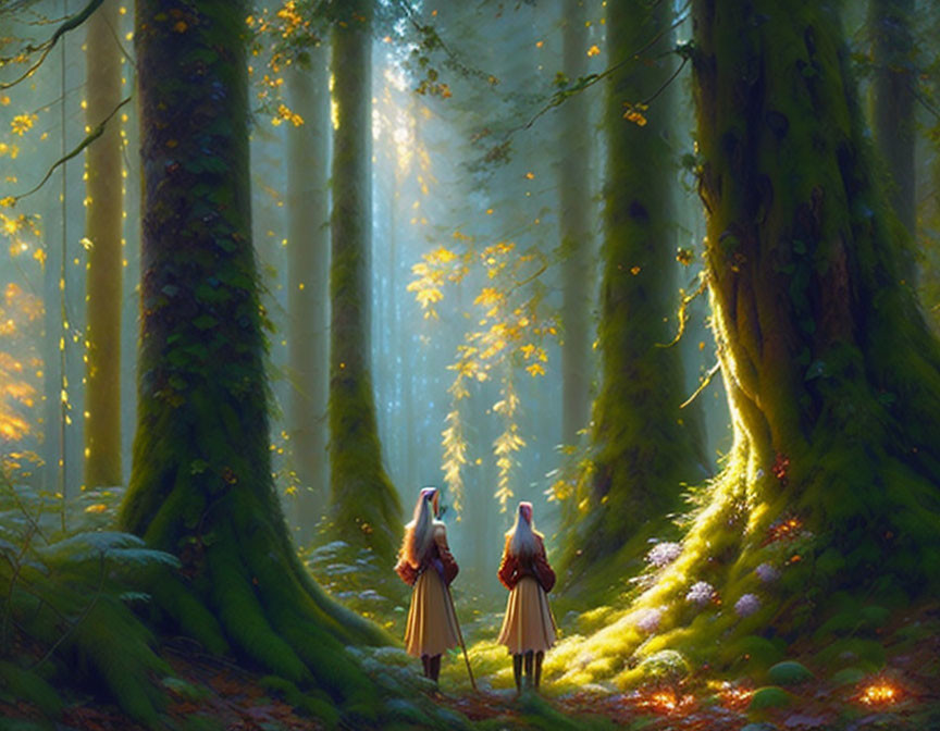 Mystical forest scene with two individuals walking under sunbeams