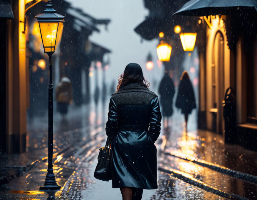 Nighttime scene: Person walking on rain-drenched street under glowing street lamps.