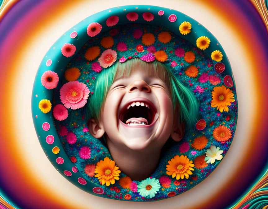 Colorful Flower Frame Surrounding Laughing Child