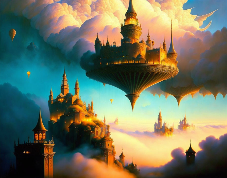 Floating castle, hot air balloons, and islands above clouds in golden light