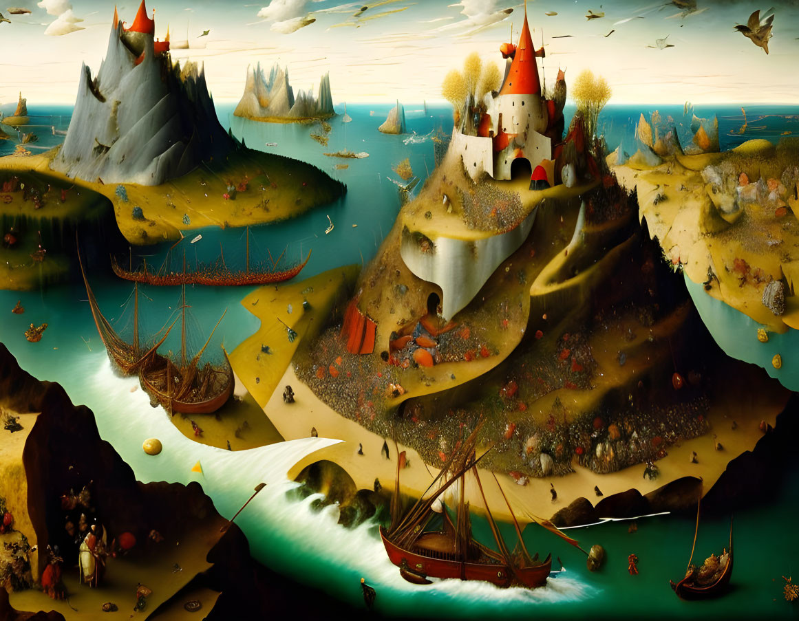 Surrealist landscape with castle, boats, and oversized flora