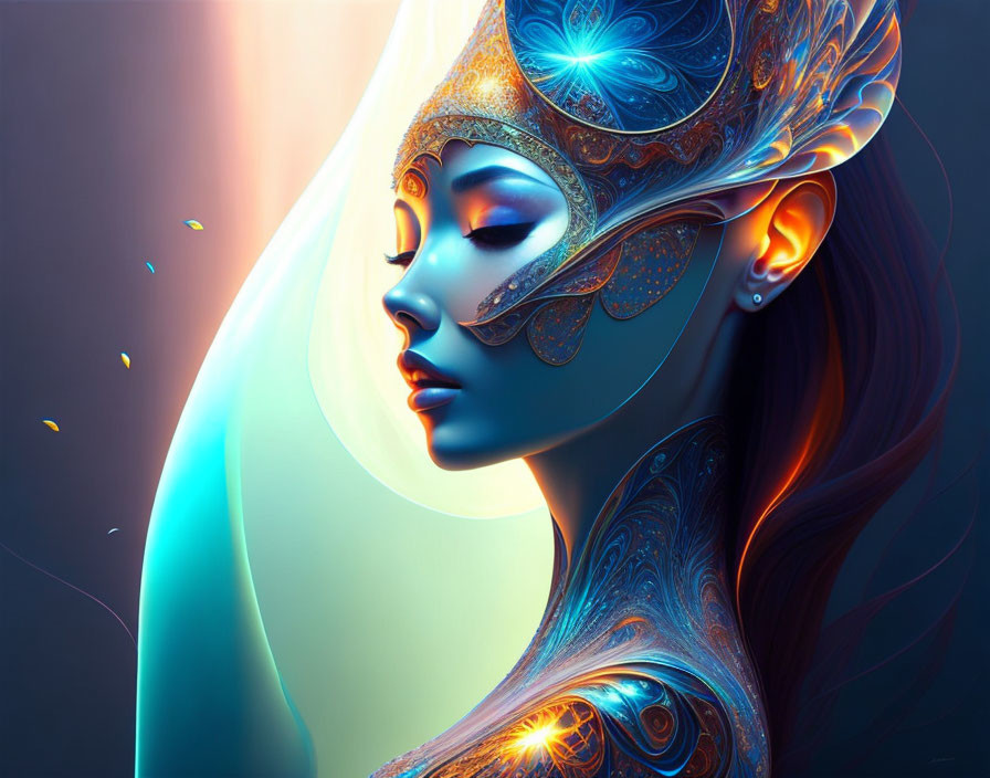 Digital artwork of woman in ornate headpiece and mask, vibrant blue and orange tones, glowing elements