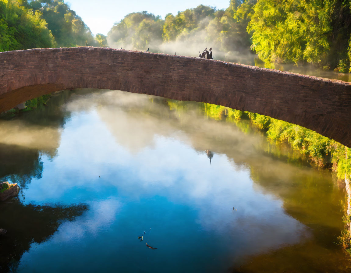 Serene river with old stone bridge and observers