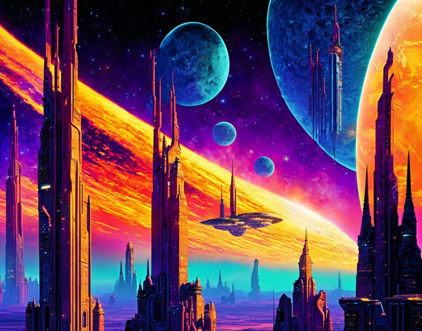 Colorful sci-fi cityscape with spires, spaceships, and moons in nebula sky